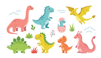 Cute dinosaur cartoon vector illustration set. Friendly prehistoric reptile characters, baby t-rex hatching egg, triceratops, stegosaurus, pterodactyl and jurassic nature elements. © Mahamuda Studio 