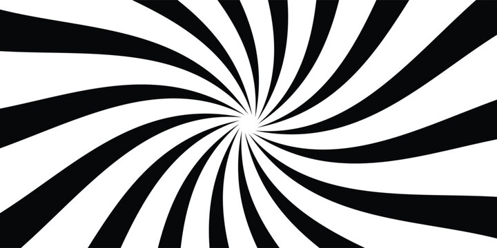 Abstract black and white hypnotic spiral background with radial wavy lines. Dynamic optical illusion vector illustration for psychedelic themes, creative posters, and modern graphic design layouts.