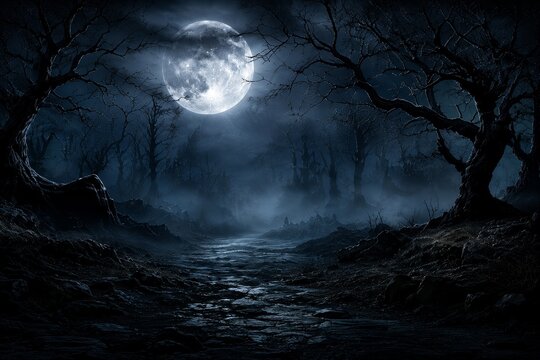 Mysterious haunted woodland illuminated by a full moon creating a chilling ambiance ideal for halloween themed backdrops