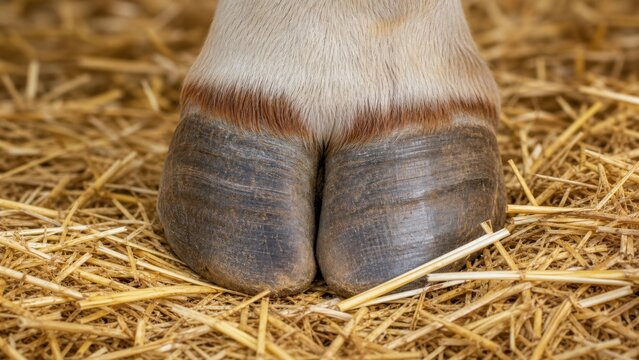 Male Cow Hoof Detail on Clean Straw Bedding Highlights Farm Care and Livestock Health With Macro Precision and Soft Diffused Warm Lighting