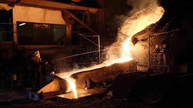 Molten metal pouring in a dark industrial foundry environment