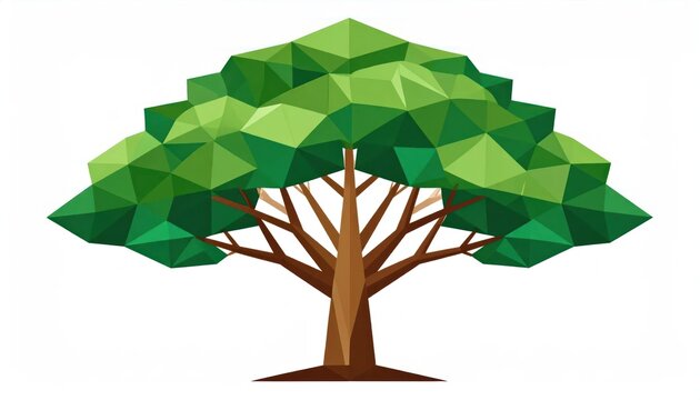 Low-poly geometric green tree illustration on white background.