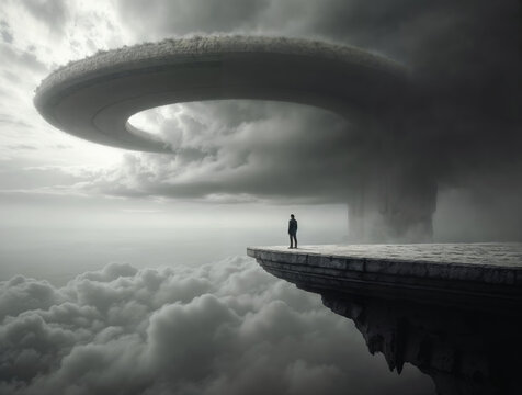 Lone Figure on a Dramatic Stone Platform Over Clouds
