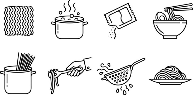 Cooking ramen and pasta outline icon set featuring black line art vectors of instant noodles boiling pot strainer seasoning and spaghetti on white background