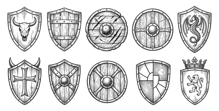 Medieval shield set with viking round wood and heraldic dragon crest