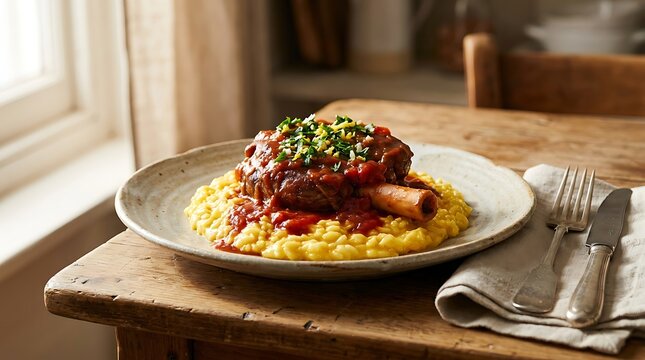 Roasted lamb shank served with creamy polenta on a rustic wooden table. veal osso bucco
