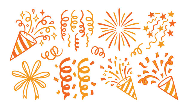 Orange confetti party popper vector doodle set. Hand drawn celebration streamers, birthday firework stars, anniversary carnival ribbon elements and festival holiday decorations.