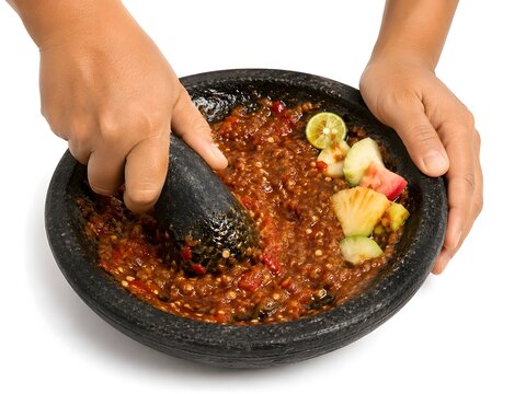 Close-up of hands grinding traditional Indonesian rujak chili sauce with a stone mortar and pestle. Fresh ingredients on a white background, ideal for authentic culinary and food preparation themes