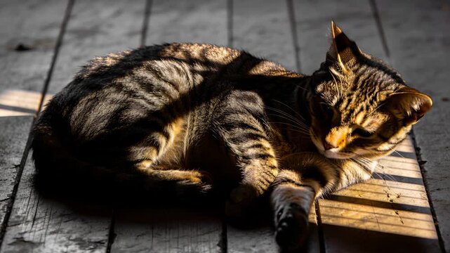 Waking at sun patch tabby cat stretching front paw and basking on wooden floor, shadow bands