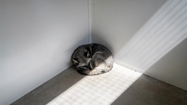 Sunbeam falling across floor warming curled gray canine breathing in white wall corner, copy space