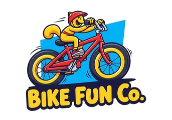 Obraz premium Happy yellow cat character riding a red bicycle with a logo design for bike fun co