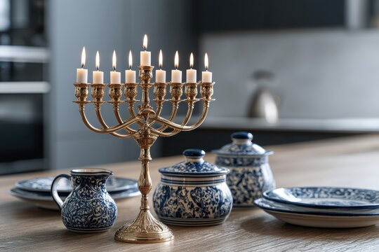 Lit menorah and blue ceramic dishware on a wooden table. Jewish.
