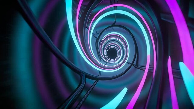 Entering camera traveling through neon spiral tunnel, approaching vortex, showing ribbons, struts