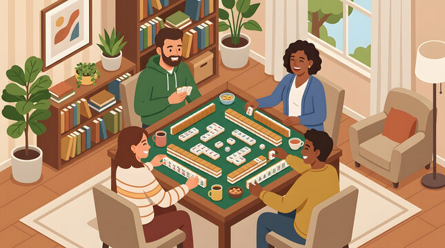 An isometric illustration of friends enjoying a mahjong game around a square table