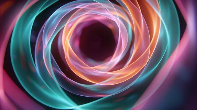 Rotating translucent spiral ribbons tightening toward dark central void after camera push, looping