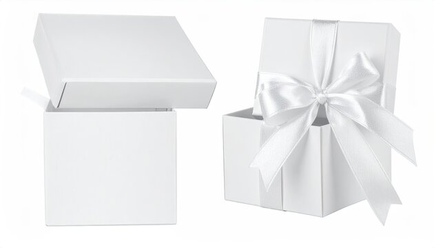 White Gift Boxes Open and Closed with Satin Ribbon