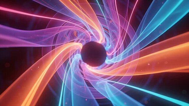 Emanating sheer ribbons forming vortex around central matte black sphere in dark void, glowing orbs