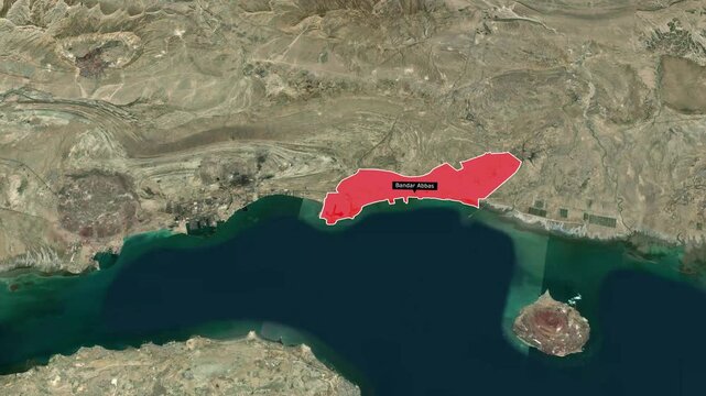Animated satellite map zoom of Bandar Abbas Iran with red highlight 4K