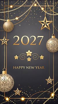 Elegant gold 2027 Happy New Year greeting card with festive ornaments
