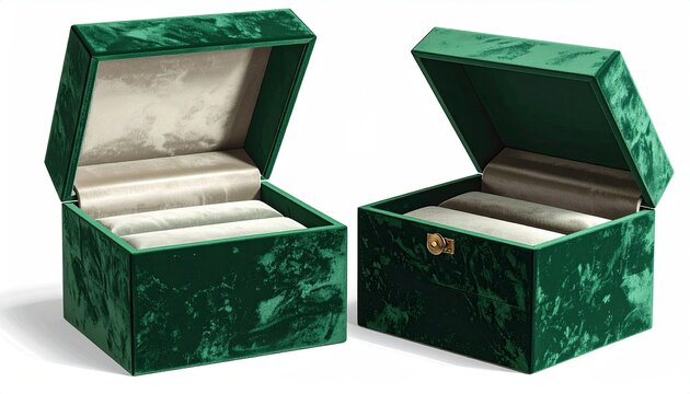 Velvet Green Jewelry Boxes Open with Soft Lining and Pillowed Cushions