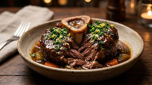 Delicious osso buco veal shank dish with herbs served in a bowl on a dark wooden restaurant table. veal osso bucco