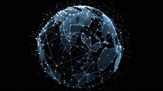 Global network rotating with digital plexus nodes in dark void cinematic wide panorama for international logistics marketing