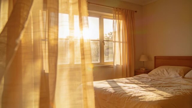 Fluttering with breeze, beige curtain shifting in bedroom window, casting light on bed, copy space