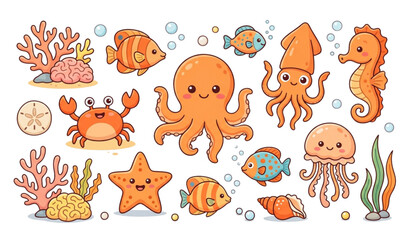 Cute Orange Sea Creatures Cartoon Vector Collection © Prodip