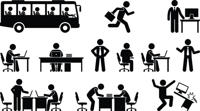 Corporate business office routine stick figure icon set showing workers using laptop commuting bus teamwork and angry desk destruction vector