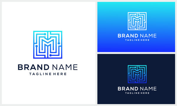 Initial letter M square with digital data network or biotechnology for technology logo design 