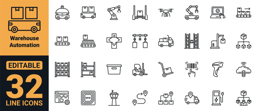 Warehouse Automation Icons Set Vector Collection with AMR AGV Robotics ASRS Conveyor RFID WMS Logistics and Smart Fulfillment Line Icons