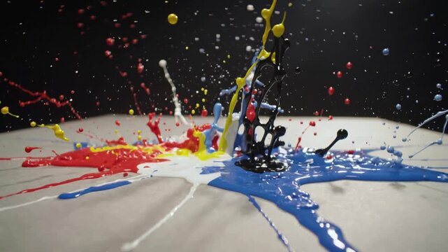 Striking nozzle stream colliding with pooled paint on tabletop, forming radial tendrils for study