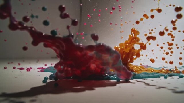 Rising red and teal masses colliding on flat white table, forcing yellow-orange stream upward