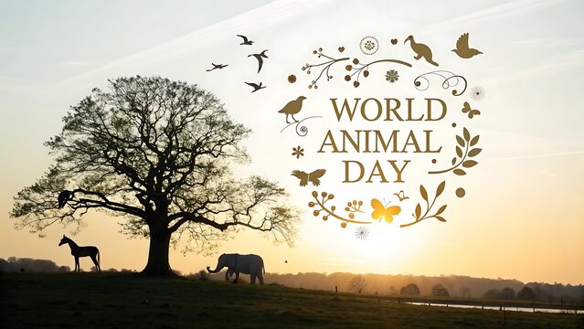 World Animal Day Celebration With Elephant Horse Tree Sunset Scenery