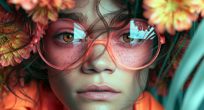 Young woman wearing sunglasses . Stylish female model showcasing colorful eyewear and nature-themed accessories.