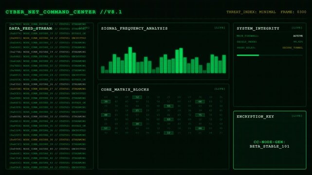 Cyber Network Command Center Data Encryption Signal Analysis Dashboard.