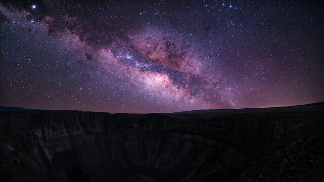 Earth rotation shifting Milky Way band over crater rim at night, revealing pink galactic core