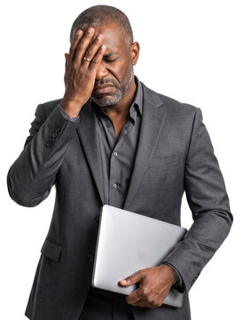 frustrated businessman with a laptop is doing a facepalm gesture