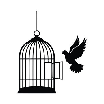 Vector icon of a bird flying out of an open cage, symbolizing emotional freedom, liberation, hope, and new beginnings. Minimalist black and white design.
