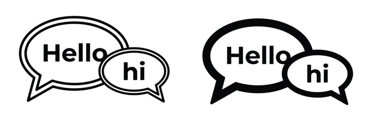 Speech Bubble hello and hi text. Speech bubble icon containing the word hi for social communication. Black and white speech bubble icons with hello and hi text for greetings vector illustration. © muni