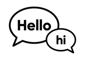 Speech Bubble hello and hi text. Speech bubble icon containing the word hi for social communication. Black and white speech bubble icons with hello and hi text for greetings vector illustration. © muni