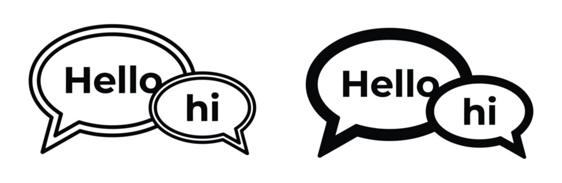 Speech Bubble hello and hi text. Speech bubble icon containing the word hi for social communication. Black and white speech bubble icons with hello and hi text for greetings vector illustration.