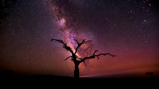 Timelapsing Milky Way and stars shifting behind gnarled tree on flat plain, revealing brighter core