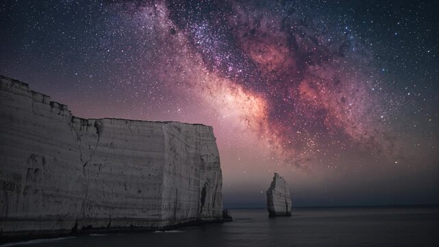 Recording timelapse capturing Milky Way drift, white chalk cliff, sea stack holding steady at night