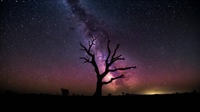Passing time revealing Milky Way rising behind solitary leafless tree silhouette on rural plain