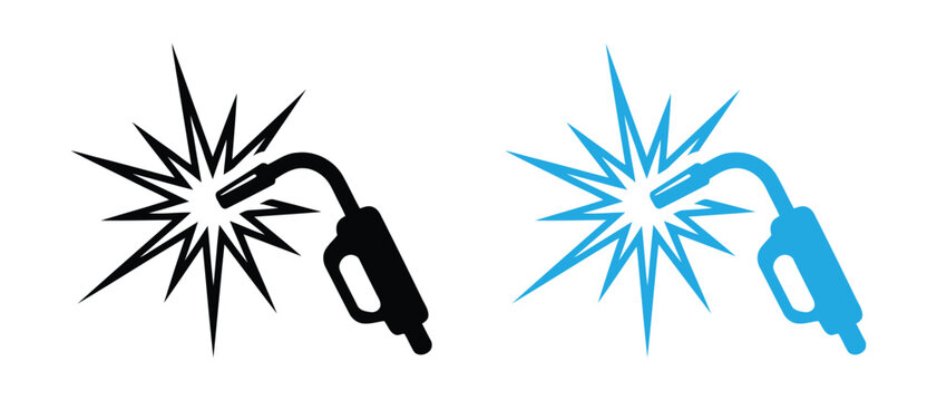 Black welding torch icon performing metal fabrication work for heavy industry. Professional Welding Torch Icon with Metal Arc Spark Vector Illustration