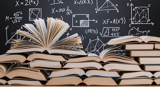Stacks of open textbooks arranged neatly on a table against a green chalkboard filled with complex math formulas and scientific equations.