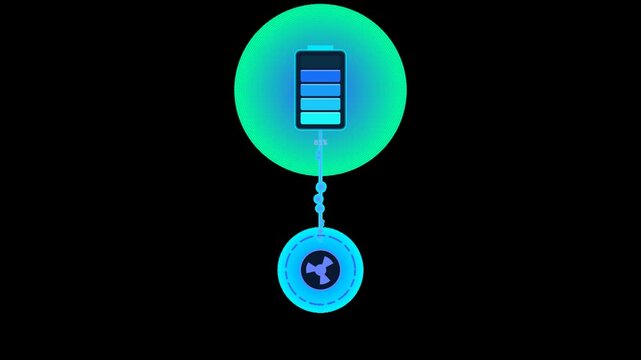 Dynamic graphic depicting a battery icon glowing blue and green, actively charging wirelessly. This symbolizes efficient energy transfer and modern power replenishment technology