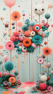 Colorful paper flower wall decoration for festive events. Handcrafted floral backdrop with vibrant pom poms and balloons for celebrations.