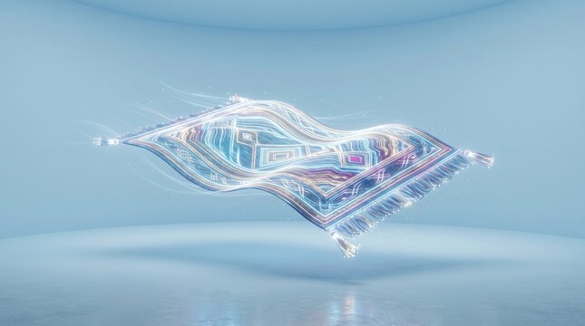 Magic flying carpet floating in midair with glowing light trails. Minimalist blue studio background with soft reflections.